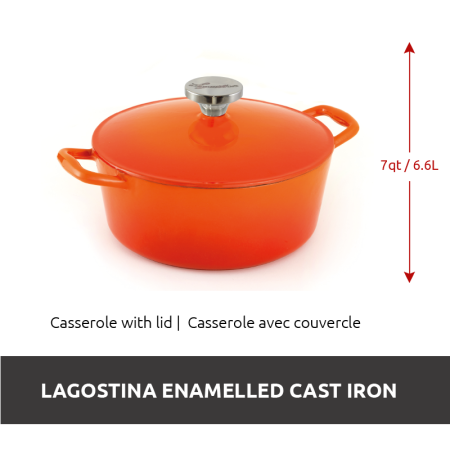 Lagostina Tuscan Collection Round Casserole Dish, Enamelled Cast Iron, Orange, 7-qt