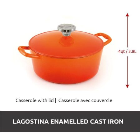 Lagostina Tuscan Collection Round Casserole Dish, Enamelled Cast Iron, Orange, 4qt