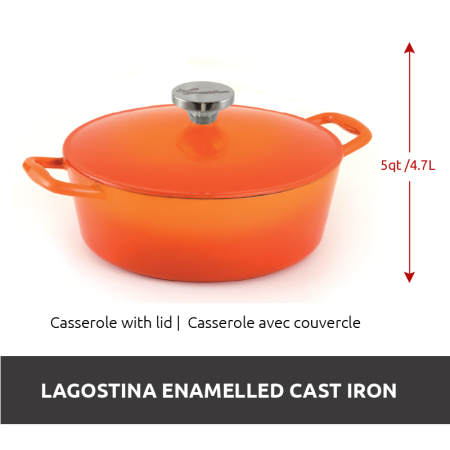 Lagostina Tuscan Collection Oval Casserole Dish, Enamelled Cast Iron, Orange, 5qt