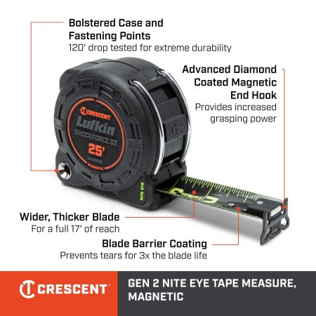 Lufkin Shockforce G2 Nite Eye Magnetic Tape Measure, 25-ft/8-m