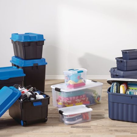 Mastercraft Heavy Duty Stackable Storage Box with Hinged Lid, 170-L, Black/Blue