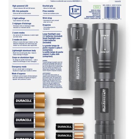 Mastercraft 250/500 Lumens Aluminum LED Handheld Flashlights, Batteries Included, Black, 2-pk