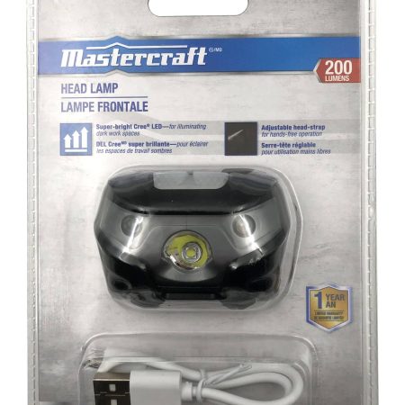 Mastercraft 200 Lumens Rechargeable CREE LED Headlight/Headlamp, Li-Ion Battery Included, Black