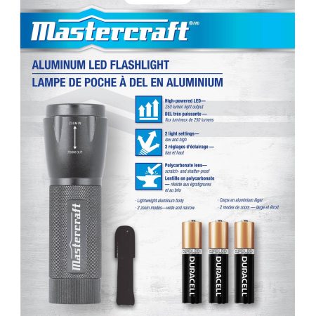 Mastercraft 250 Lumens Waterproof Aluminum LED Handheld Flashlight, Batteries Included, Black