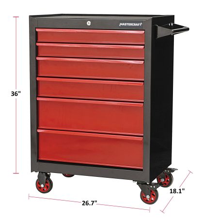 Mastercraft Rolling Tools Storage Cabinet w/ 6 Drawers, Black&Red, 26-in