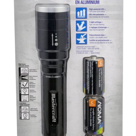 Mastercraft 500 Lumens Waterproof Aluminum LED Handheld Flashlight, Batteries Included, Black