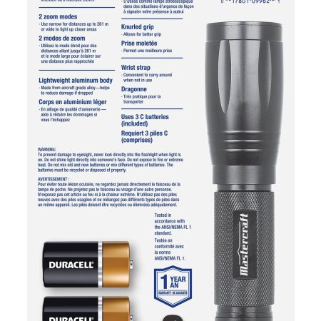 Mastercraft 500 Lumens Waterproof Aluminum LED Handheld Flashlight, Batteries Included, Black