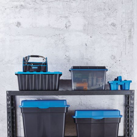 Mastercraft Heavy Duty Stackable Storage Box with Hinged Lid, 132-L, Black/Blue