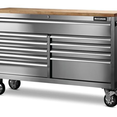 MAXIMUM Butcher Block Top Rolling Tool Storage Cabinet with 10 Drawers, Stainless Steel, 56-in