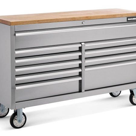 MAXIMUM Butcher Block Top Rolling Tool Storage Cabinet with 10 Drawers, Stainless Steel, 56-in