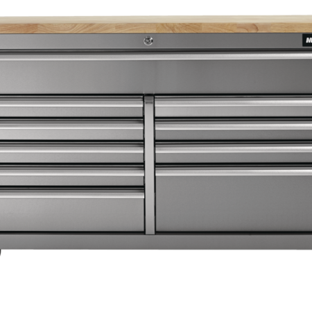 MAXIMUM Butcher Block Top Rolling Tool Storage Cabinet with 10 Drawers, Stainless Steel, 56-in