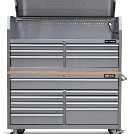 MAXIMUM Butcher Block Top Rolling Tool Storage Cabinet with 10 Drawers, Stainless Steel, 56-in