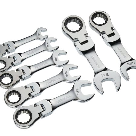 MAXIMUM Stubby Flex Head Ratcheting Wrench Set, SAE, Nickel-Chrome Plating, 7-pc