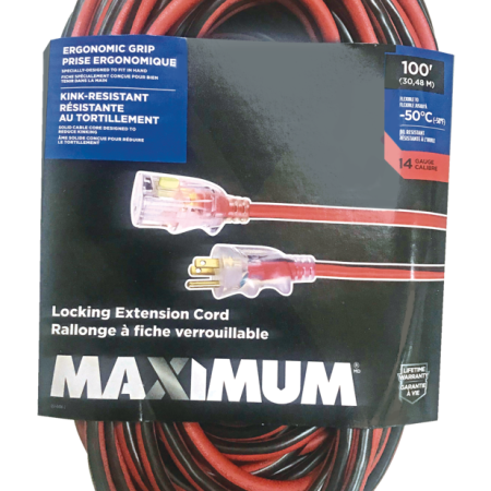 MAXIMUM 100-ft 14/3 Outdoor Extension Cord with Grounded Outlet, Lighted End and Locking Connector, Hi-Visibility