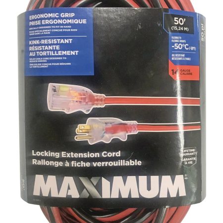 MAXIMUM 50-ft 14/3 Outdoor Extension Cord with Grounded Outlet, Lighted End and Locking Connector, Hi-Visibility