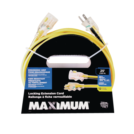 MAXIMUM 25-ft 12/3 Outdoor Extension Cord with Grounded Outlet, Lighted End and Locking Connector, Yellow/Black