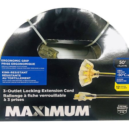 MAXIMUM 50-ft 12/3 Outdoor Extension Cord with 3 Grounded Outlets, Lighted End and Locking Connector, Yellow/Black