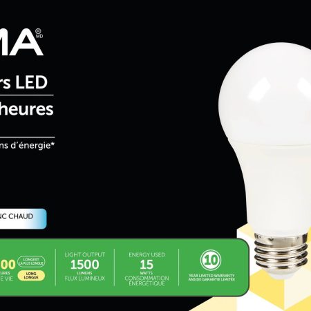 NOMA A19 E26 Base Household Non-Dimmable LED Light Bulbs, 1500 Lumens, Warm White, 100W, 8-pk