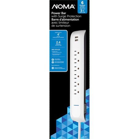 NOMA 6-Outlet and 2 USB Port Power Bar with Surge Protector, 4-ft Cord, 900 Joules, White