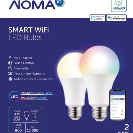 NOMA iQ™ A19 E26 Base Smart Dimmable LED Light Bulbs, Tunable White/Colour, 2-pk