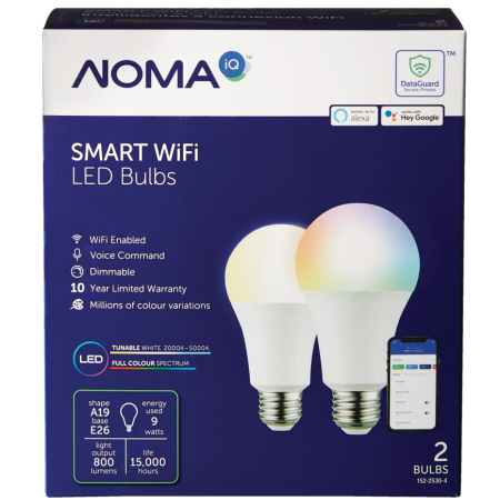 NOMA iQ™ A19 E26 Base Smart Dimmable LED Light Bulbs, Tunable White/Colour, 2-pk