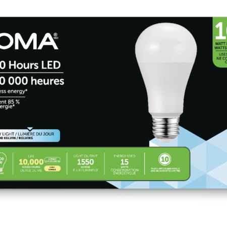 NOMA A19 E26 Base Non-Dimmable LED Light Bulbs, 1550 Lumens, Daylight, 100W, 4-pk