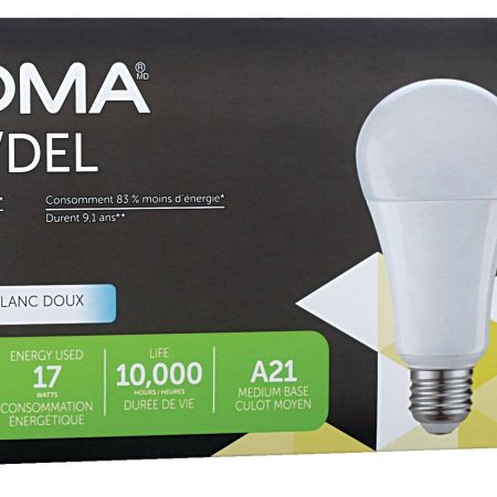 NOMA A19 E26 Base Household Non-Dimmable LED Light Bulbs, 2700K, 1550 Lumens, Soft White, 100W, 4-pk