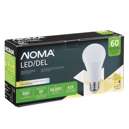 NOMA A19 E26 Base Non-Dimmable LED Light Bulbs, 800 Lumens, Soft White, 60W, 4-pk