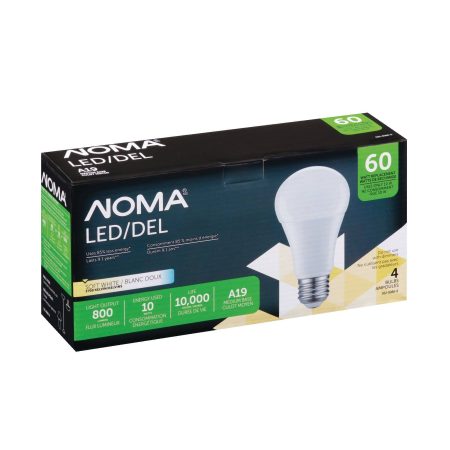 NOMA A19 E26 Base Non-Dimmable LED Light Bulbs, 800 Lumens, Soft White, 60W, 4-pk