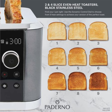 PADERNO Even Heat Wide Slots Toaster w/ 9 Settings, Black Stainless Steel, 2-Slices