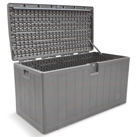 PDG Wood Grain Outdoor Storage Deck Box, Grey, 105-Gal