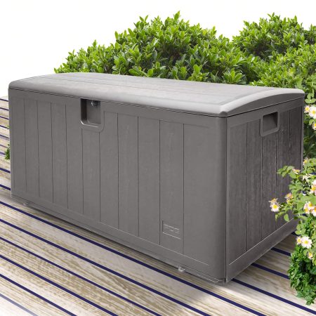 PDG Wood Grain Outdoor Storage Deck Box, Grey, 105-Gal