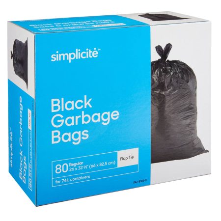 simplicité Regular 4-Flap Ties Outdoor Garbage Bags, 80-pk, Black, 74-L