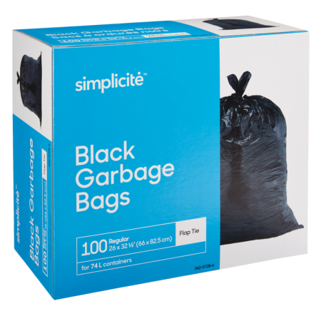 simplicité Regular 4-Flap Ties Outdoor Garbage Bags, 100-pk, Black, 74-L