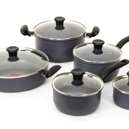 T-fal Hard Titanium Cookware Set, Non-stick, Dishwasher & Oven Safe, Black, 10-pc