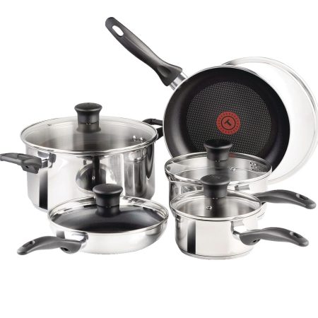 T-fal Stainless Steel Cookware Set, Non-Stick, Dishwasher & Oven Safe, 10-pc