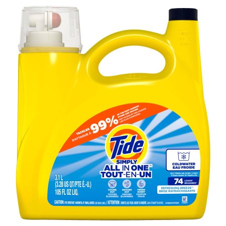 Tide Simply Liquid Laundry Detergent, Refreshing Breeze, 3.4 L, 74 Loads