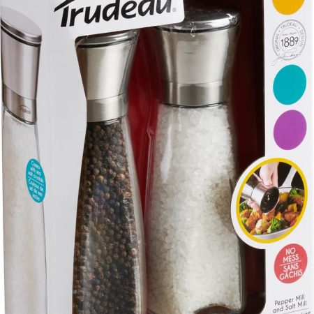 Trudeau Stainless Steel/Glass Salt & Pepper Grinder Mill Set, Pre-Filled, 8-in, 2-pc