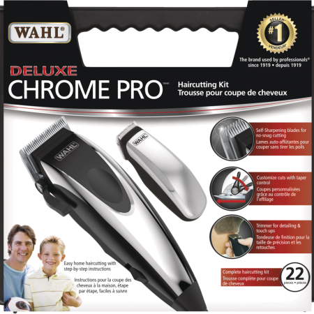 Wahl Deluxe Chrome Pro Haircutting Kit with Trimmer/Clipper, Guide Combs & Scissors, 22-pc