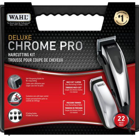 Wahl Deluxe Chrome Pro Haircutting Kit with Trimmer/Clipper, Guide Combs & Scissors, 22-pc