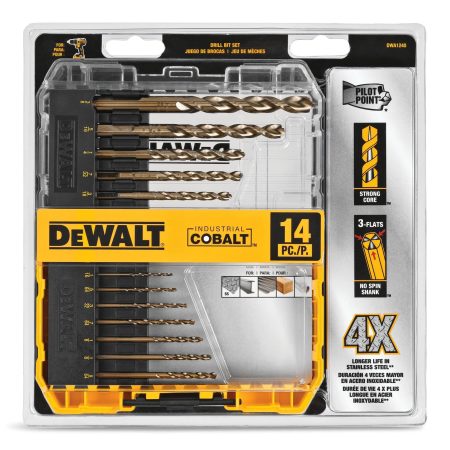 DEWALT DWA1240 Cobalt Drill Bit Set for Wood, Metal, Plastic, 14-pc