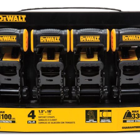 DEWALT 3,300-lb Ratchet Tie Down Strap, Weatherproof, 1.5-in x 16-ft, 4-pk