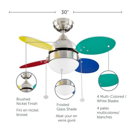 NOMA Ollie Reversible 4-Blade 3-Speed Ceiling Fan with Lighting, 30-in, Multi-Coloured