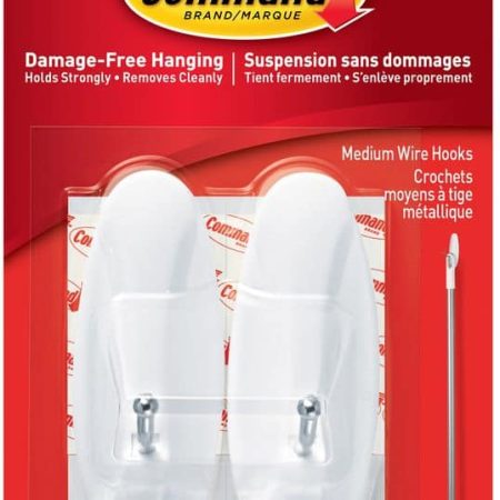 Command Medium General Purpose Wire Hooks with Adhesive Strips, White, 3-lbs, 2 Strips Per Pack