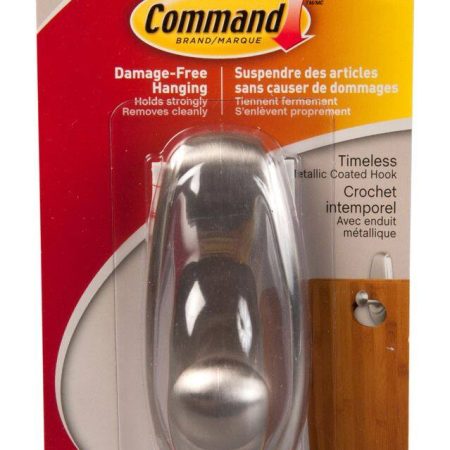 Command Timeless Decorative Metallic Hook with Adhesive Strips, Brushed Nickel, 5-lbs, 1-pk