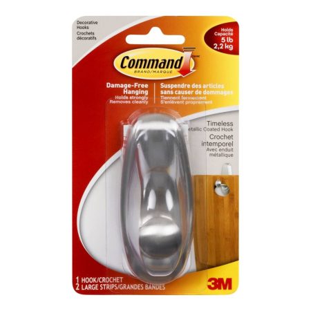 Command Timeless Decorative Metallic Hook with Adhesive Strips, Brushed Nickel, 5-lbs, 1-pk