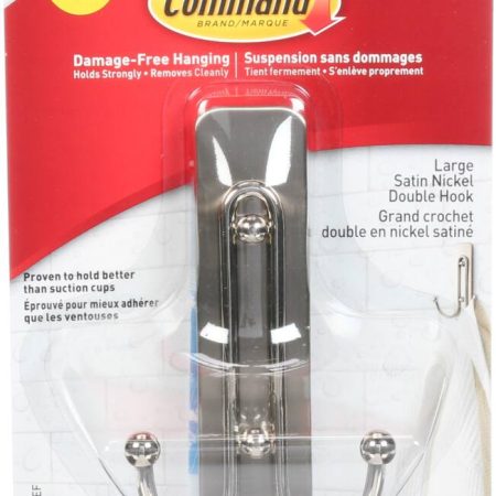 3M Command Large Bathroom Double Hook, Satin Nickel