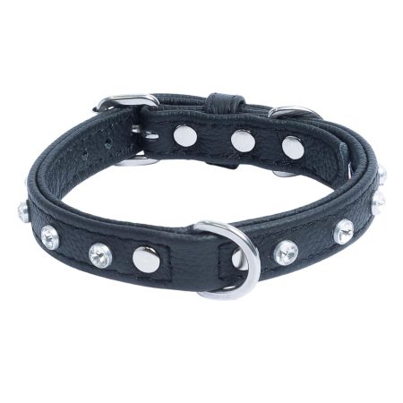 Athens Dog Collar Leather with Rhinestone Midnight Black