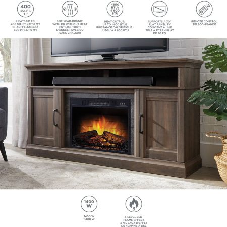 CANVAS Abbostford Media Console Electric Fireplace TV Stand, 60-in, 1400W, Includes Remote Control, Brown