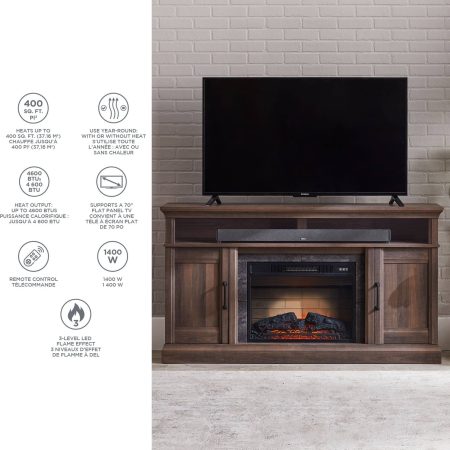 CANVAS Abbostford Media Console Electric Fireplace TV Stand, 60-in, 1400W, Includes Remote Control, Brown